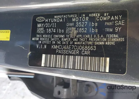 2012 Hyundai Accent Gls z USA, uszkodzony, nr VIN KMHCU4AE7CU068663